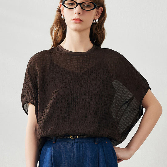 COMOBOCA Coffee Women's Crinkle Textured Blouse with Button Closure