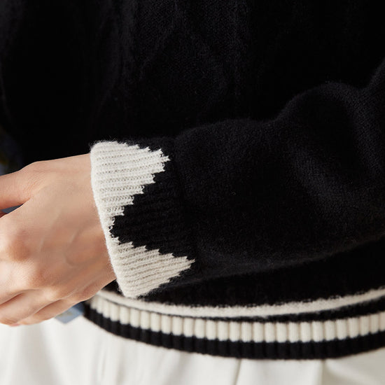 COMOBOCA 100% Cashmere Women's Contrast Jacquard Mock Neck Sweater