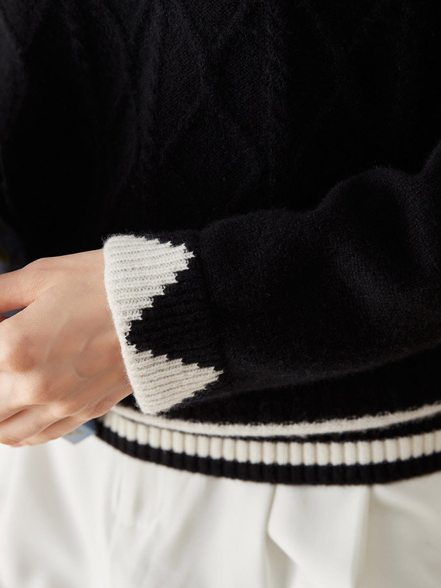 COMOBOCA 100% Cashmere Women's Contrast Jacquard Mock Neck Sweater