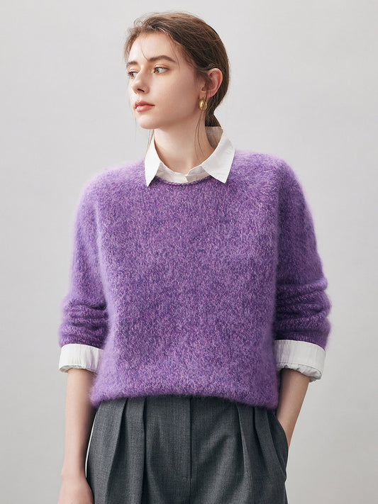 COMOBOCA Purple 100% Wool Women's Fuzzy Round Neck Sweater