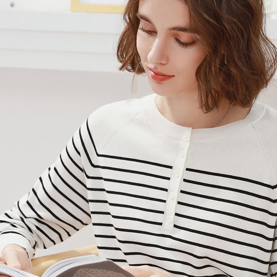 COMOBOCA Women's Striped Henley T-Shirt Sweater