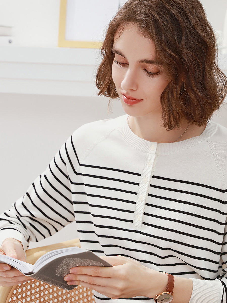 COMOBOCA Women's Striped Henley T-Shirt Sweater