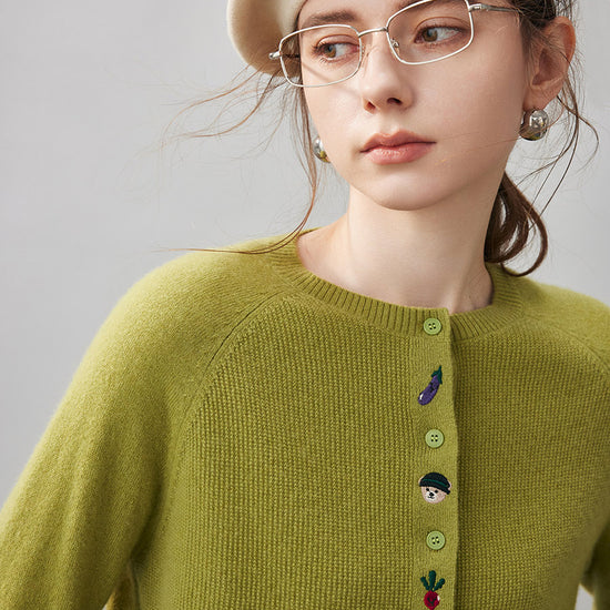 COMOBOCA 100% Cashmere Women's Embroidered Button-Front Cardigan