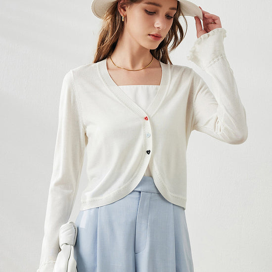 COMOBOCA White Women's Heart Button Cropped Ruffle Bell Cardigan
