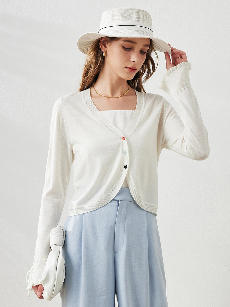 COMOBOCA White Women's Heart Button Cropped Ruffle Bell Cardigan