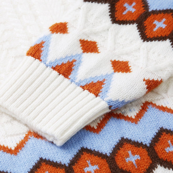 COMOBOCA 100% Wool Kids' Round Neck Striped Cable Knit Sweater