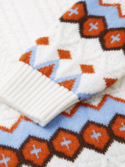 COMOBOCA 100% Wool Kids' Round Neck Striped Cable Knit Sweater