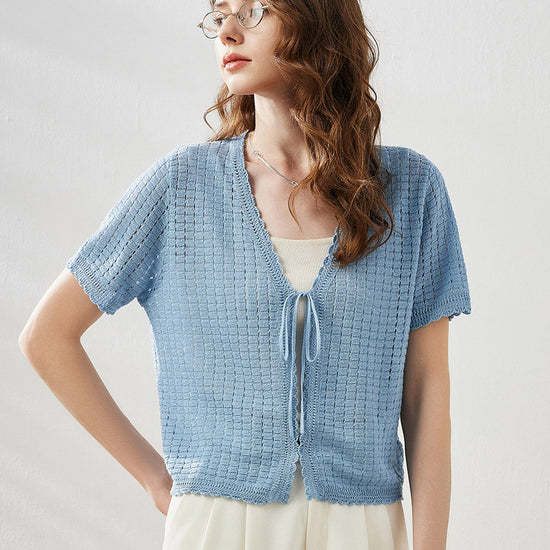 COMOBOCA Women's Linen Crochet Tie Short Sleeve Cardigan