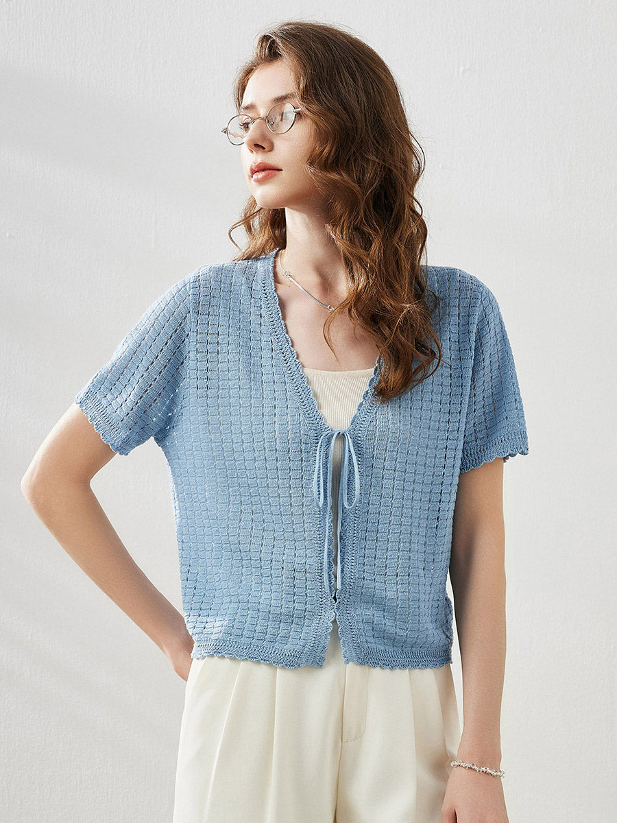 COMOBOCA Women's Linen Crochet Tie Short Sleeve Cardigan