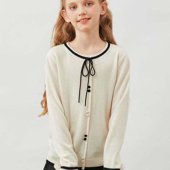 COMOBOCA 100% Wool Kids' Tie-Neck Contrast Trim Sweater