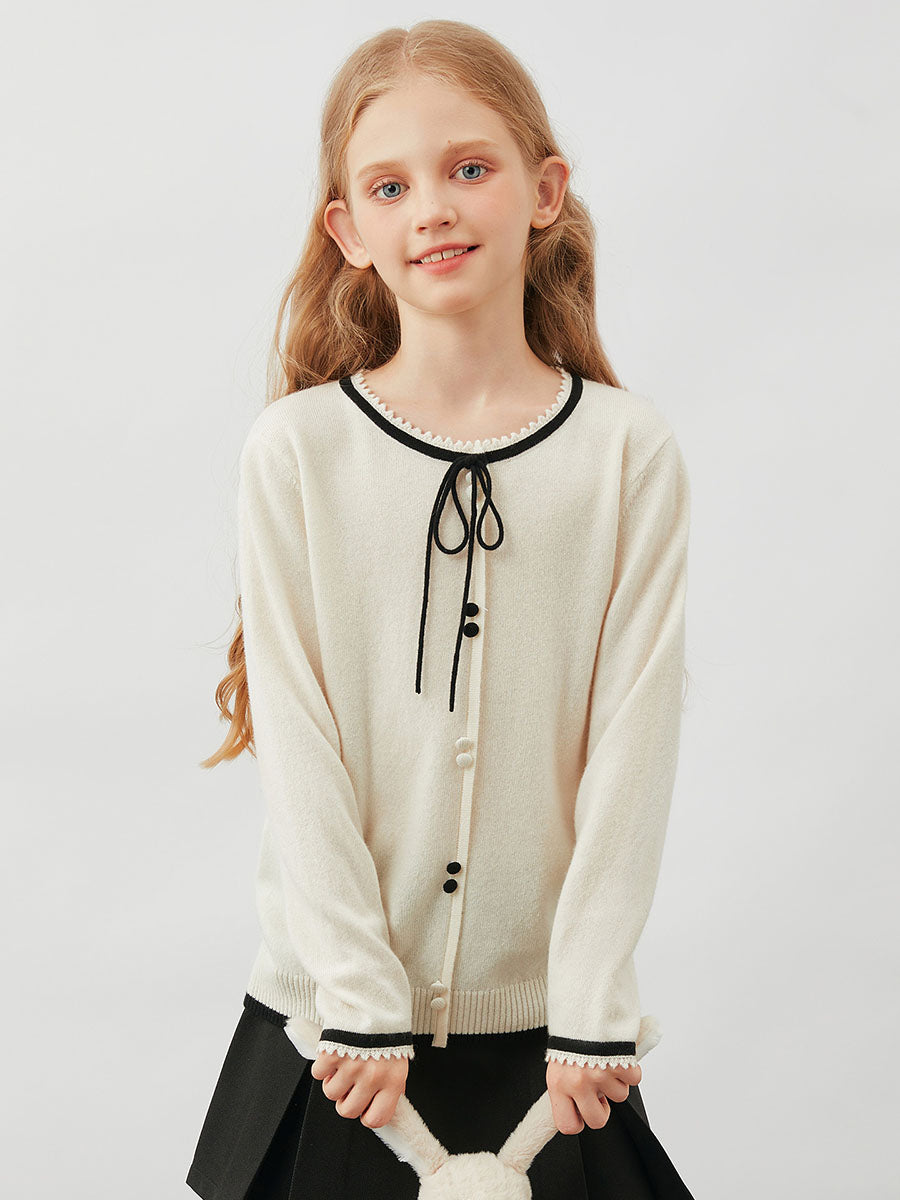 COMOBOCA 100% Wool Kids' Tie-Neck Contrast Trim Sweater