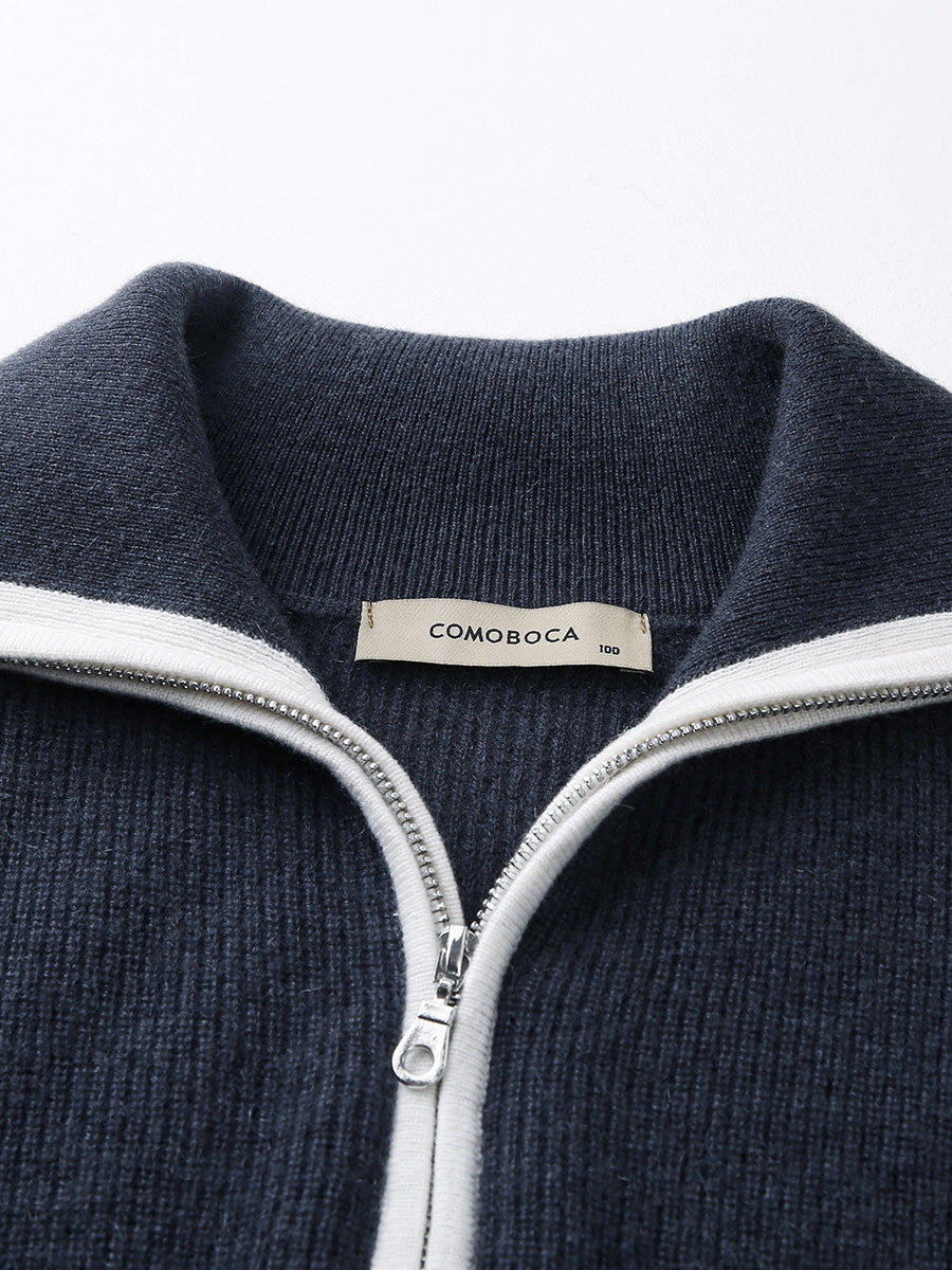 COMOBOCA 100% Cashmere Women's Contrast Trim Zip Sweater