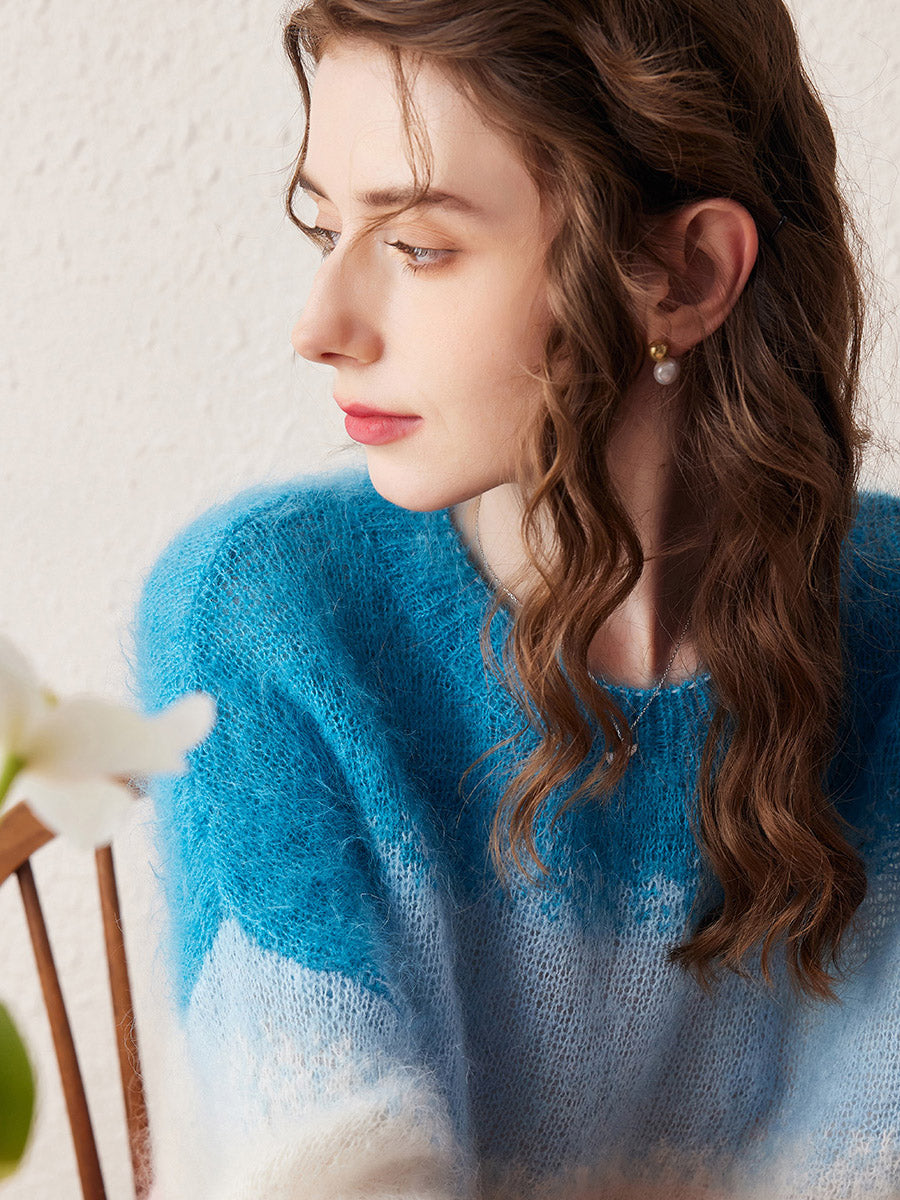 COMOBOCA Women's Mohair Gradient Color Block Fluffy Knit Sweater