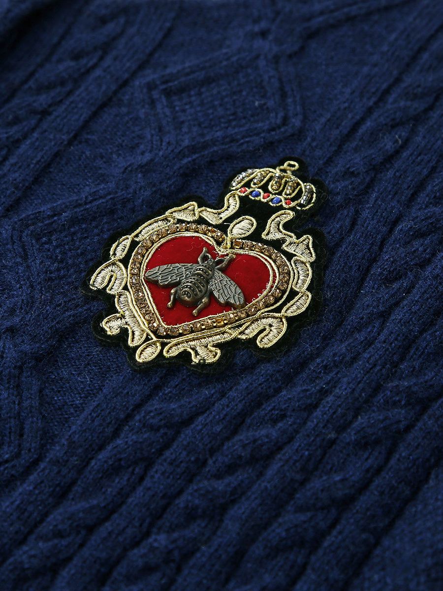 COMOBOCA 100% Wool Kids' Royal Embroidered Cable Knit Cardigan