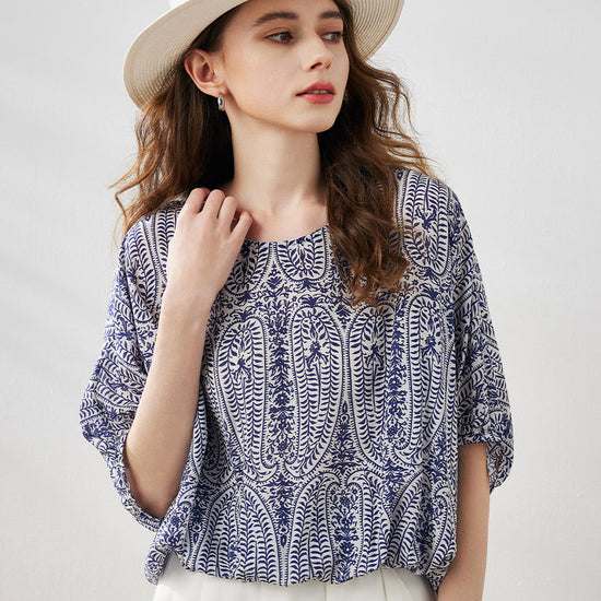 COMOBOCA Blue 100% Mulberry Silk Women's Floral Printed Puff Sleeve Blouse