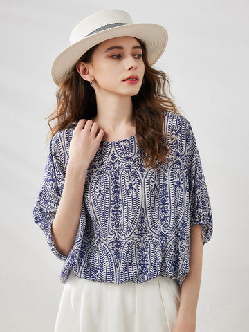 COMOBOCA Blue 100% Mulberry Silk Women's Floral Printed Puff Sleeve Blouse