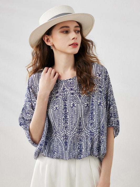 COMOBOCA Blue 100% Mulberry Silk Women's Floral Printed Puff Sleeve Blouse