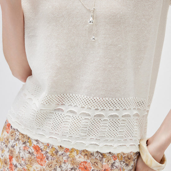 COMOBOCA Women's Scalloped Lace Trim Knit T-Shirt