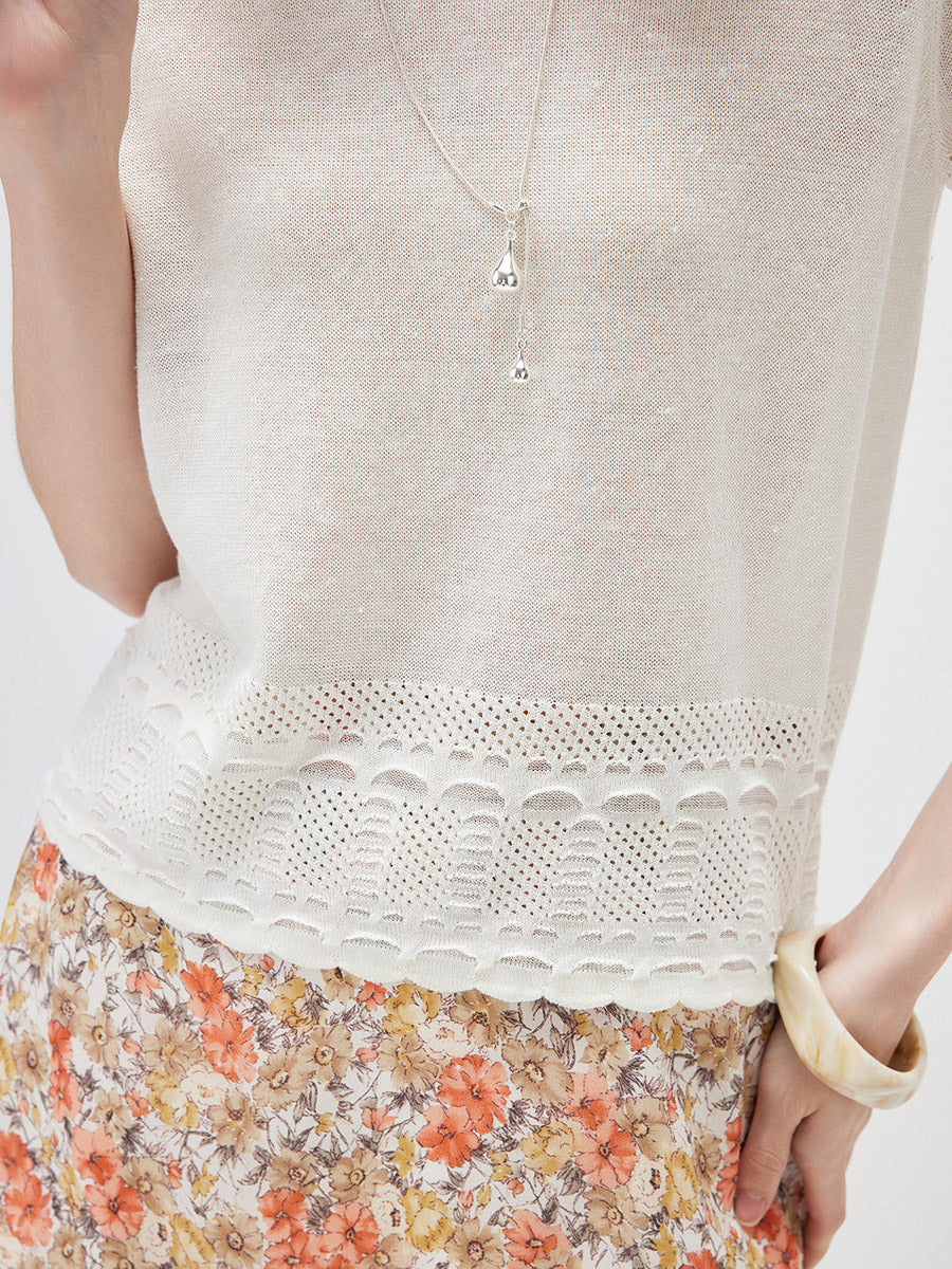 COMOBOCA Women's Scalloped Lace Trim Knit T-Shirt