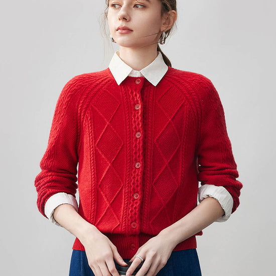 COMOBOCA Red 100% Cashmere Women's Argyle Cable Button Up Knit Cardigan
