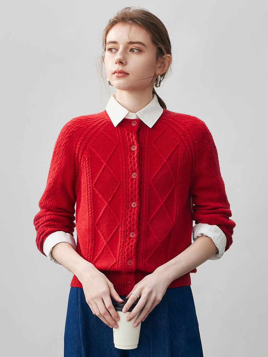 COMOBOCA Red 100% Cashmere Women's Argyle Cable Button Up Knit Cardigan