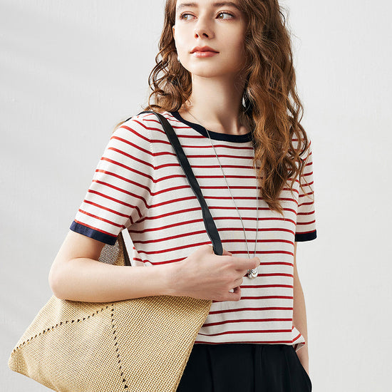 COMOBOCA Red Women's Striped Ribbed Contrast Trim T-Shirt