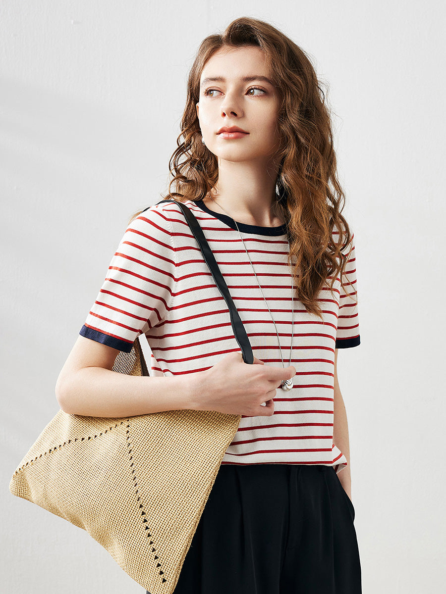 COMOBOCA Red Women's Striped Ribbed Contrast Trim T-Shirt