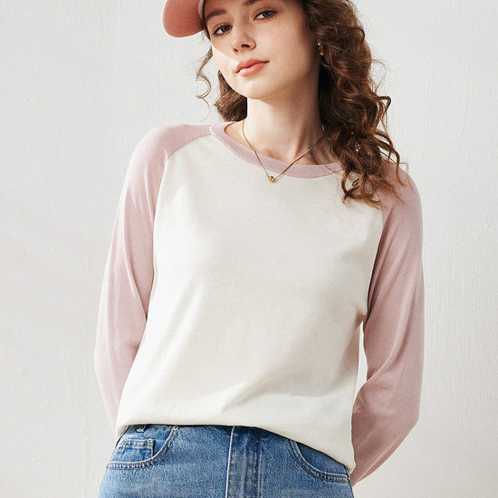 COMOBOCA Light Pink Women's Colorblock Raglan Round Neck Sweater
