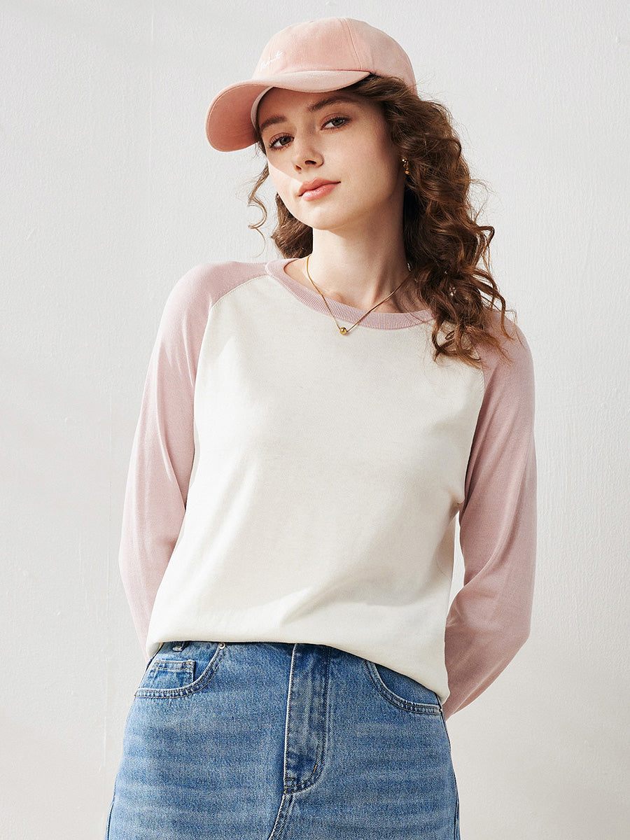 COMOBOCA Light Pink Women's Colorblock Raglan Round Neck Sweater