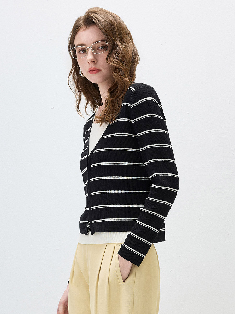 COMOBOCA Women's Striped Ribbed Knit Faux 2-in-1 Zip Cardigan