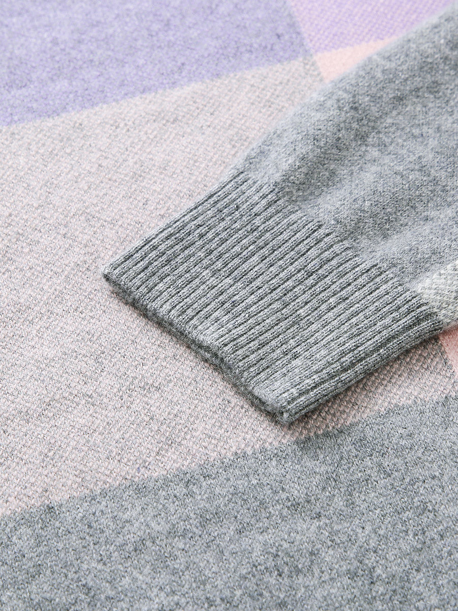 COMOBOCA 100% Cashmere Women's Color Block Plaid Sweater