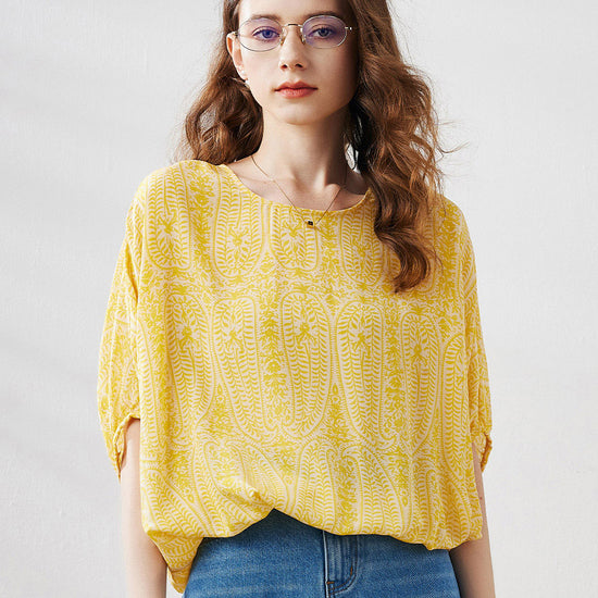 COMOBOCA 100% Mulberry Silk Women's Floral Printed Puff Sleeve Blouse