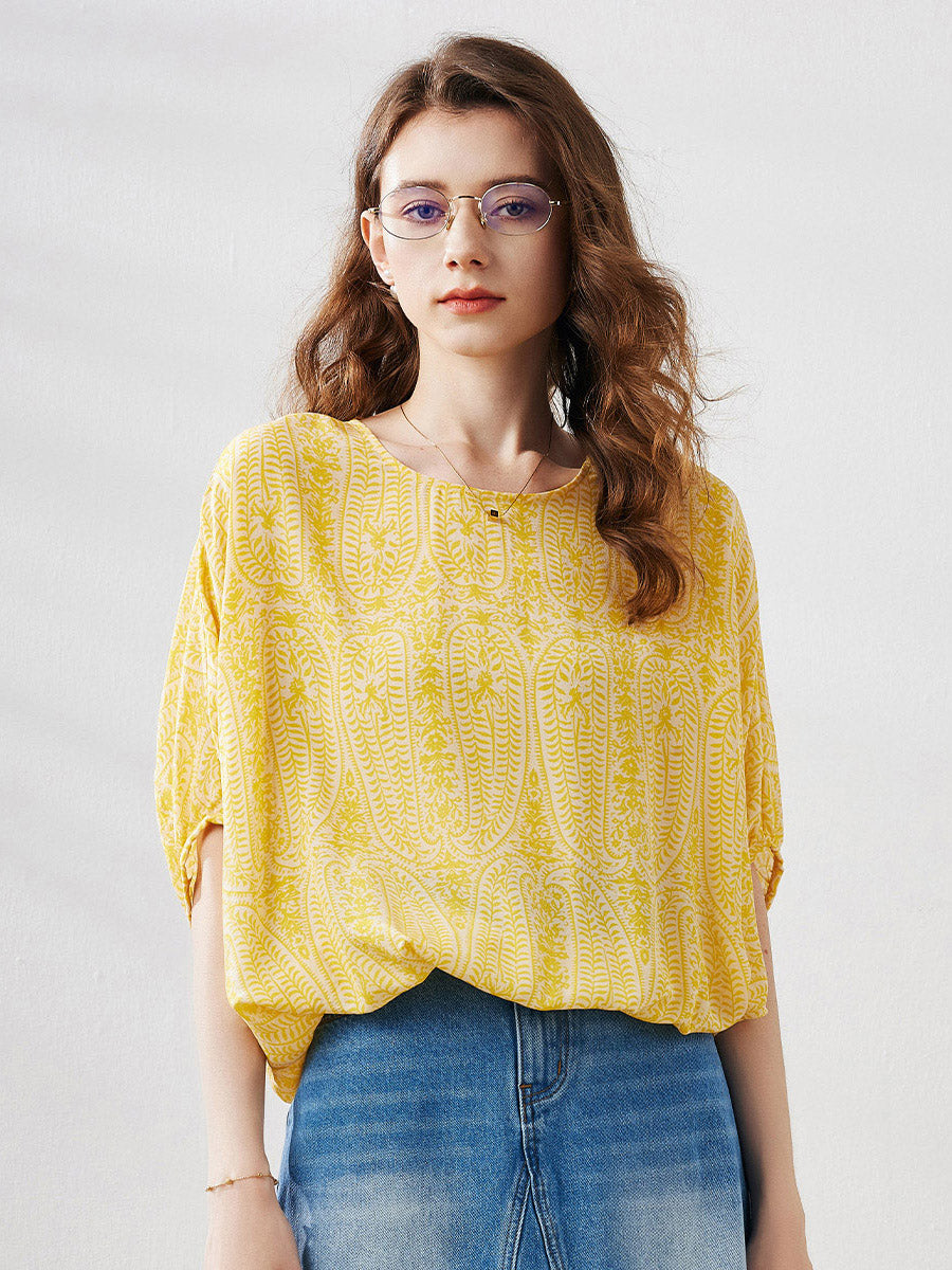 COMOBOCA 100% Mulberry Silk Women's Floral Printed Puff Sleeve Blouse