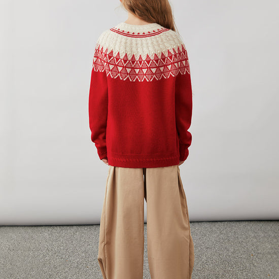 COMOBOCA 100% Wool Kids' Fair Isle Pattern Round Neck Sweater