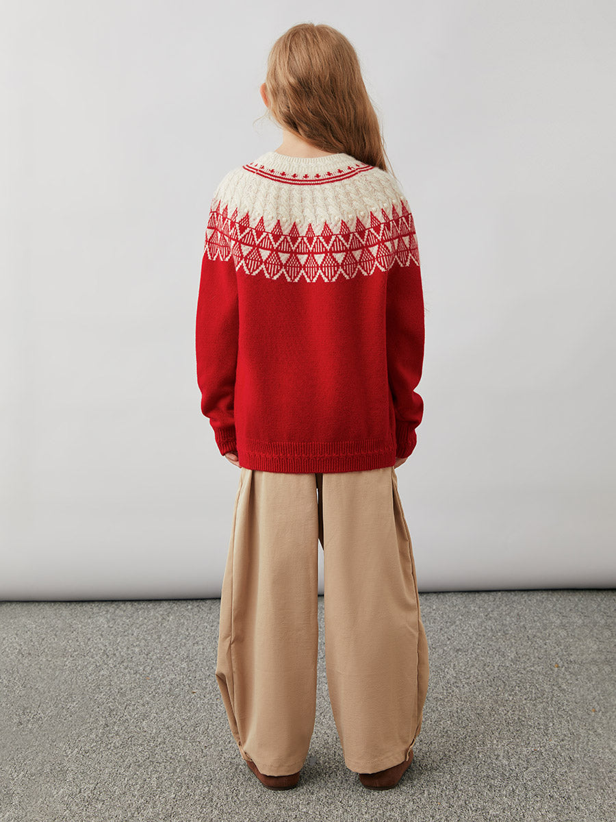 COMOBOCA 100% Wool Kids' Fair Isle Pattern Round Neck Sweater