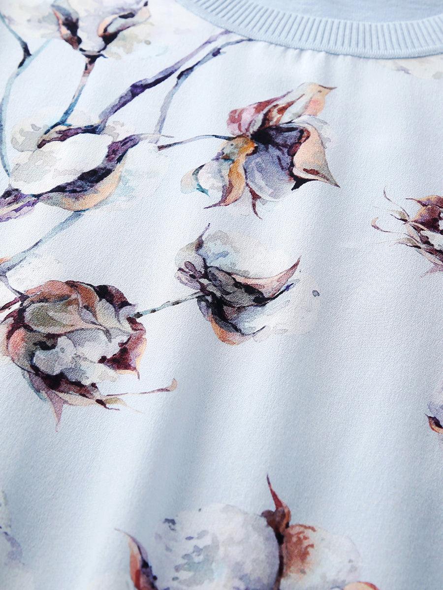 COMOBOCA Women's Cotton Silk Floral Ribbed Print Knit T-Shirt