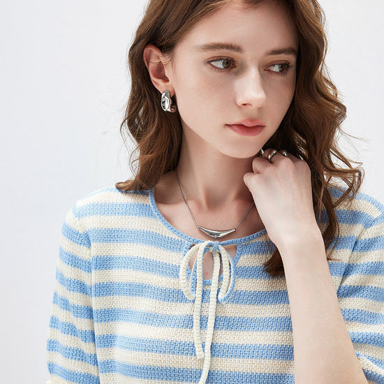 COMOBOCA Women's Tie-Neck Striped Knit T-Shirt