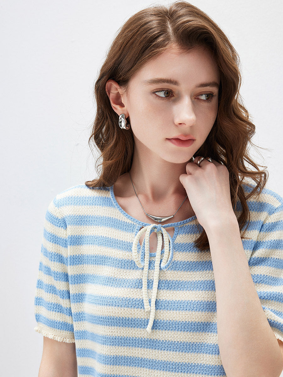 COMOBOCA Women's Tie-Neck Striped Knit T-Shirt