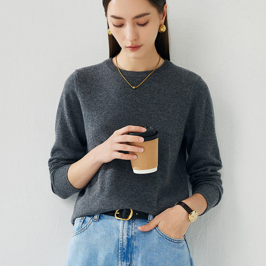 COMOBOCA Gray 100% Cashmere Women's Round Neck Sweater