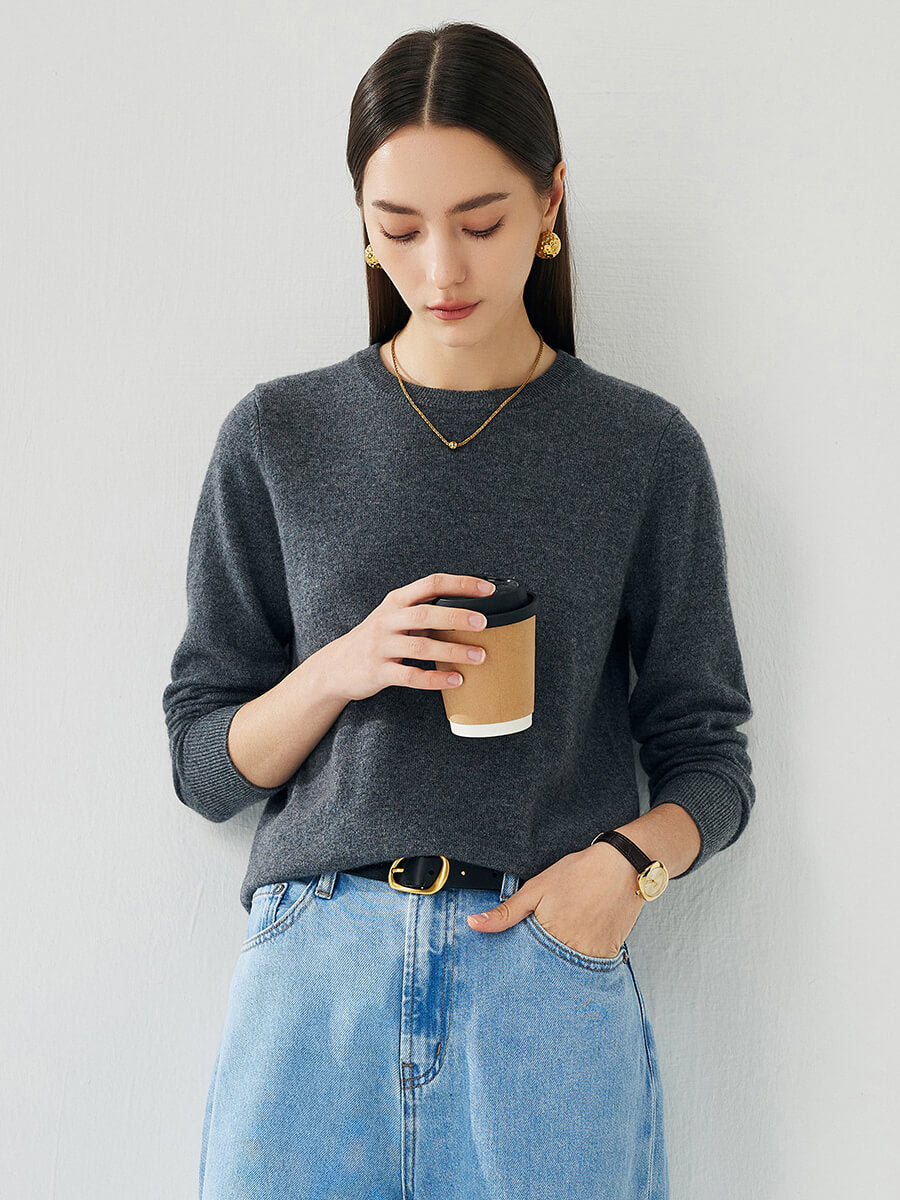 COMOBOCA Gray 100% Cashmere Women's Round Neck Sweater