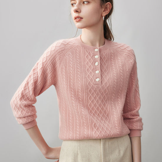 COMOBOCA 100% Cashmere Women's Cable Knit Button Front Sweater