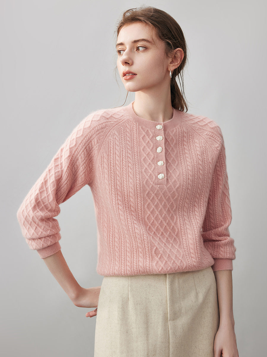 COMOBOCA 100% Cashmere Women's Cable Knit Button Front Sweater