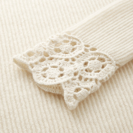 COMOBOCA 100% Cashmere Women's Ribbed Crochet Lace Cuffs Sweater