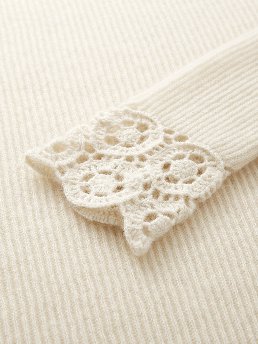 COMOBOCA 100% Cashmere Women's Ribbed Crochet Lace Cuffs Sweater