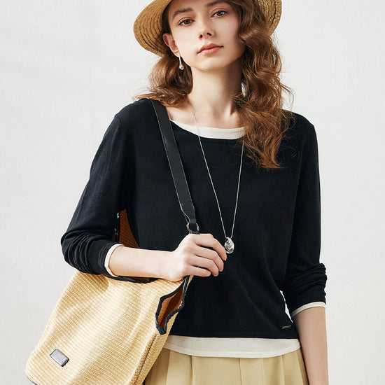 COMOBOCA Women's Layered Round Neck Knit Sweater