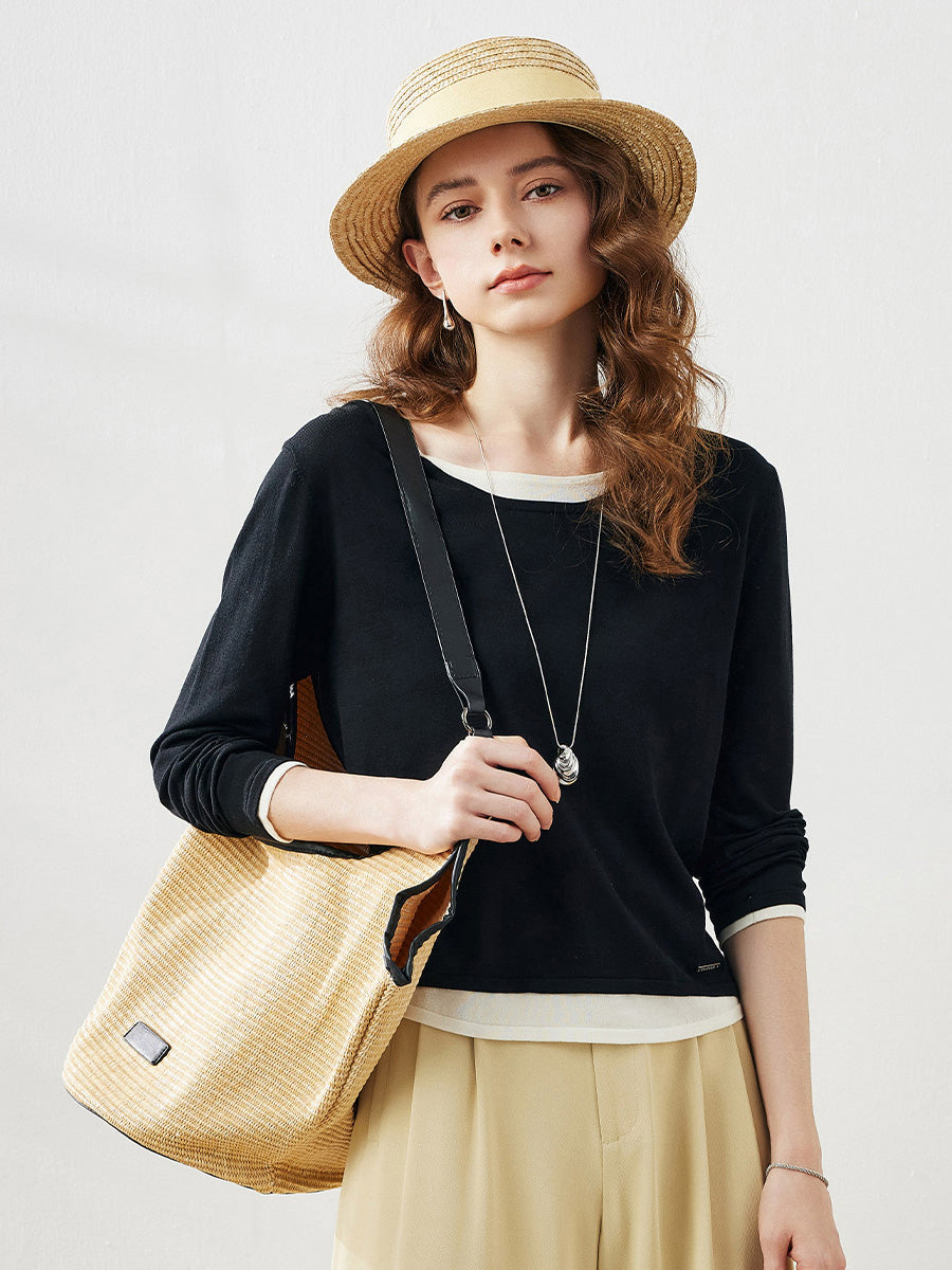 COMOBOCA Women's Layered Round Neck Knit Sweater