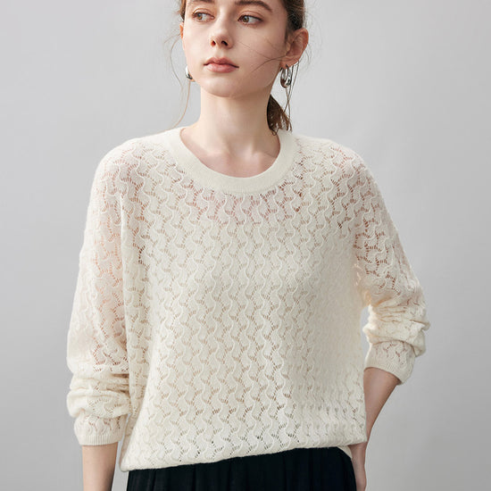 COMOBOCA Cloudy 100% Cashmere Women's Openwork Round Neck Knit Sweater