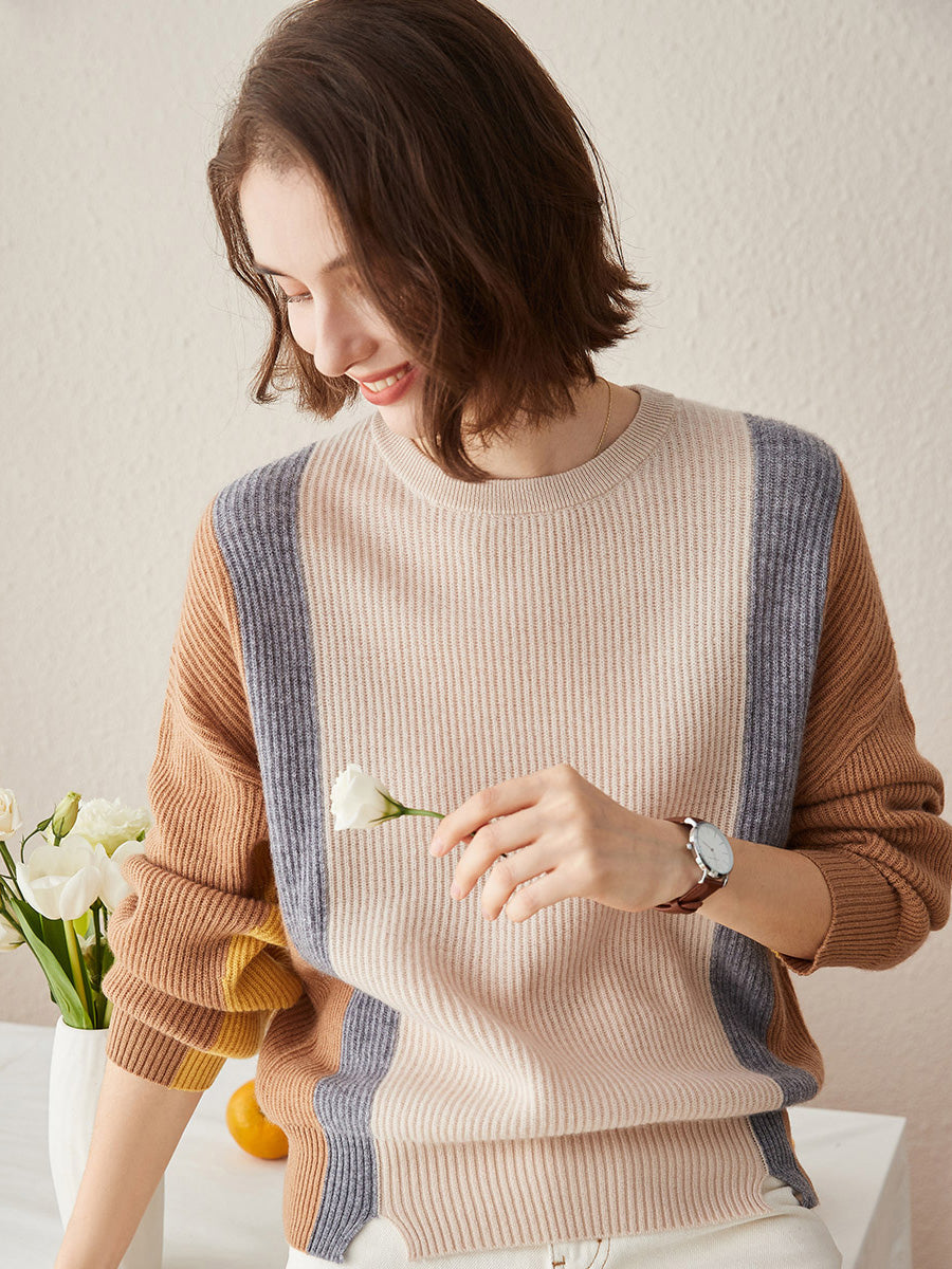 COMOBOCA 100% Cashmere Women's Crew Neck Fish Scale Inlay Sweater