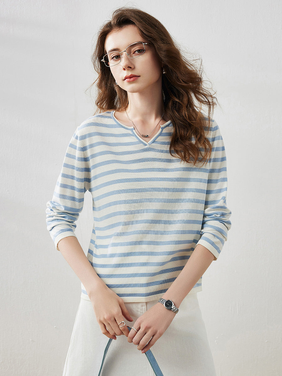 COMOBOCA Women's Striped Long Sleeve V-Neck T-Shirt
