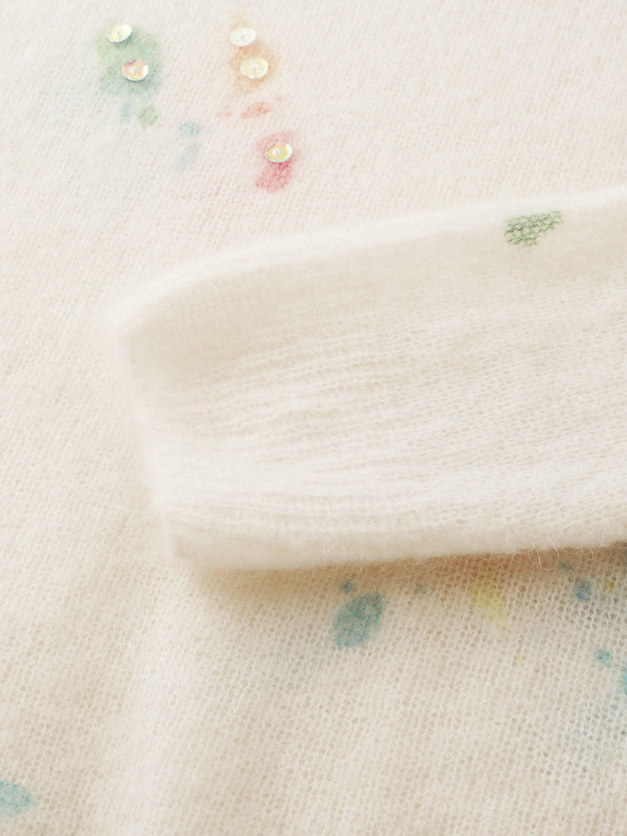 COMOBOCA Women's Sequined Floral Printed Round Neck Sweater